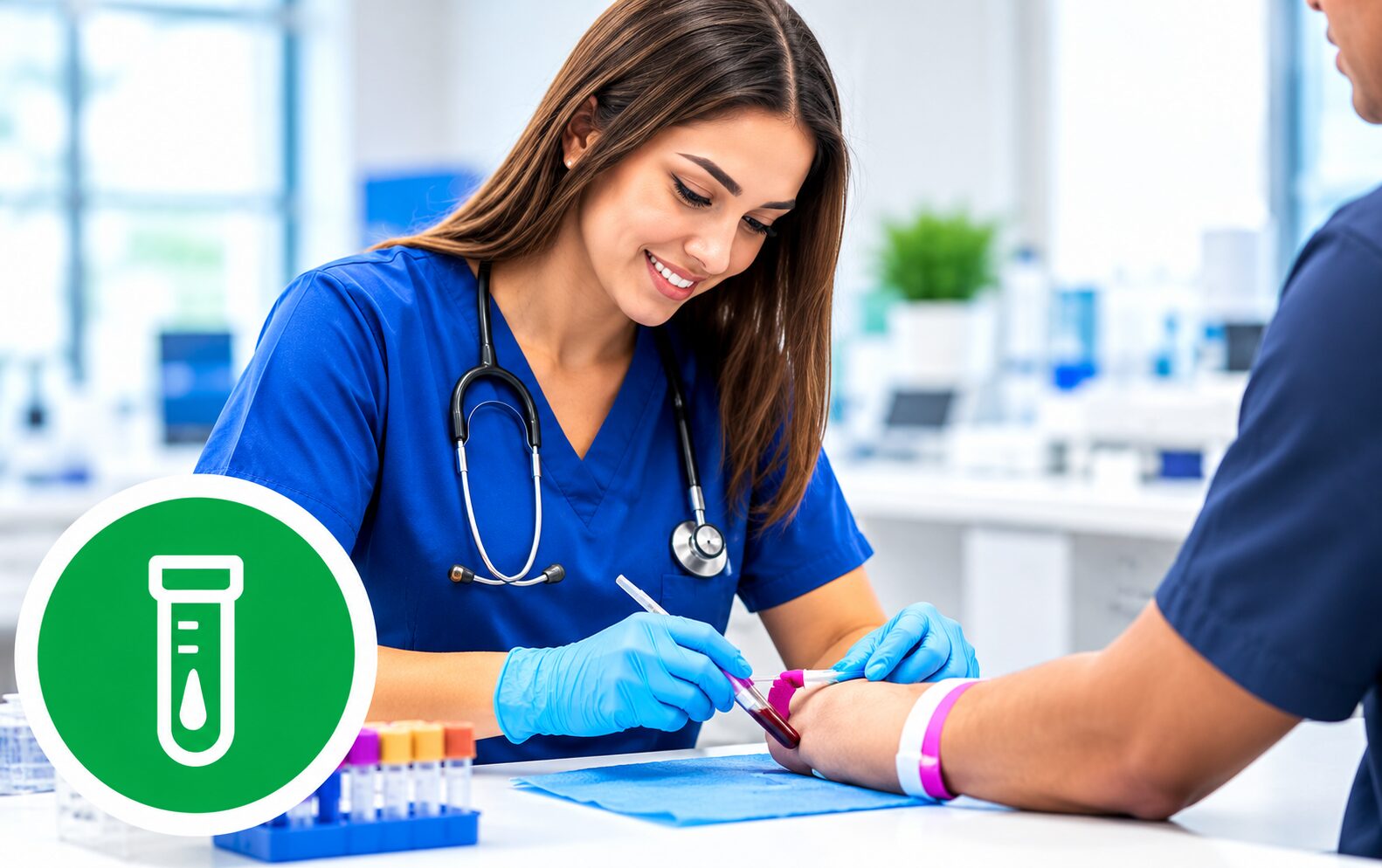 Smiling Technician Performing Blood Draw